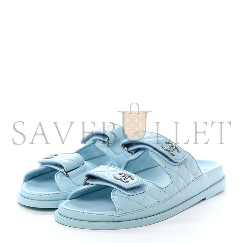 CHANEL LAMINATED LAMBSKIN QUILTED VELCRO DAD CHAIN CC SLIDE SANDALS 